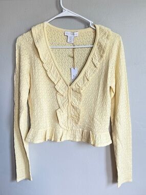 NWT House of Harlow Pointelle Ruffle Cardigan S Yellow